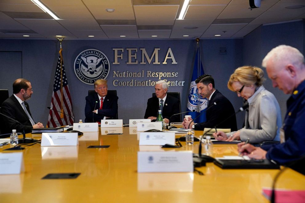 PHOTO: President Donald Trump attends a teleconference with governors at the Federal Emergency Management Agency headquarters, Thursday, March 19, 2020, in Washington.