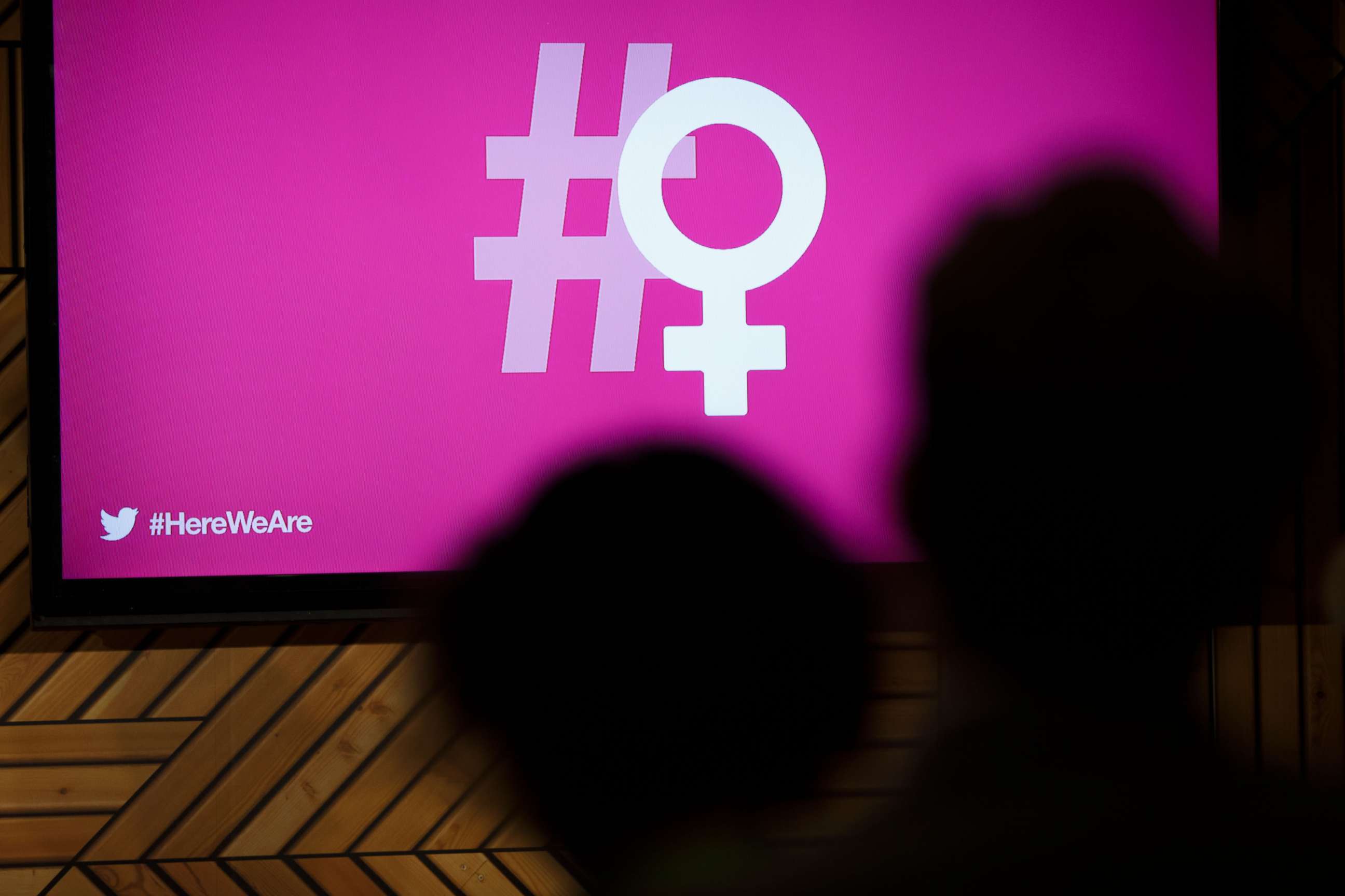 PHOTO: The hashtag and female symbol logo is displayed during the Twitter Inc. #HereWeAre Women In Tech event at the 2018 Consumer Electronics Show (CES) in Las Vegas, Jan. 10, 2018.