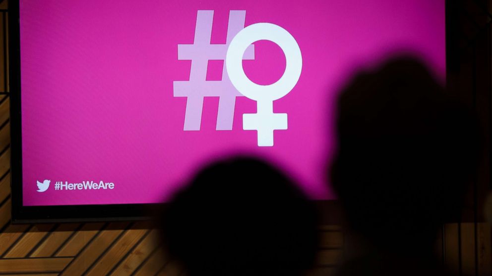 PHOTO: The hashtag and female symbol logo is displayed during the Twitter Inc. #HereWeAre Women In Tech event at the 2018 Consumer Electronics Show (CES) in Las Vegas, Jan. 10, 2018.