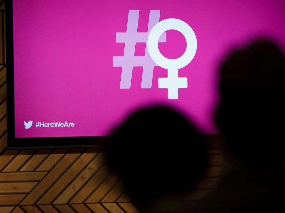 PHOTO: The hashtag and female symbol logo is displayed during the Twitter Inc. #HereWeAre Women In Tech event at the 2018 Consumer Electronics Show (CES) in Las Vegas, Jan. 10, 2018.