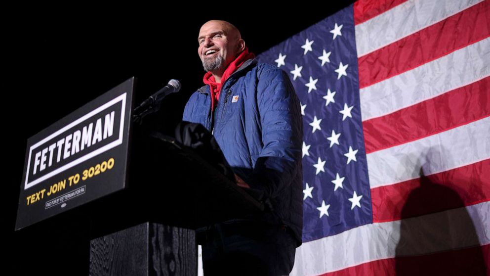 PHOTO: Senate candidate John Fetterman speaks at a campaign event at the headquarters of the International Brotherhood of Electrical Workers Local 88, Nov. 3, 2022, in Collegeville, Pa.