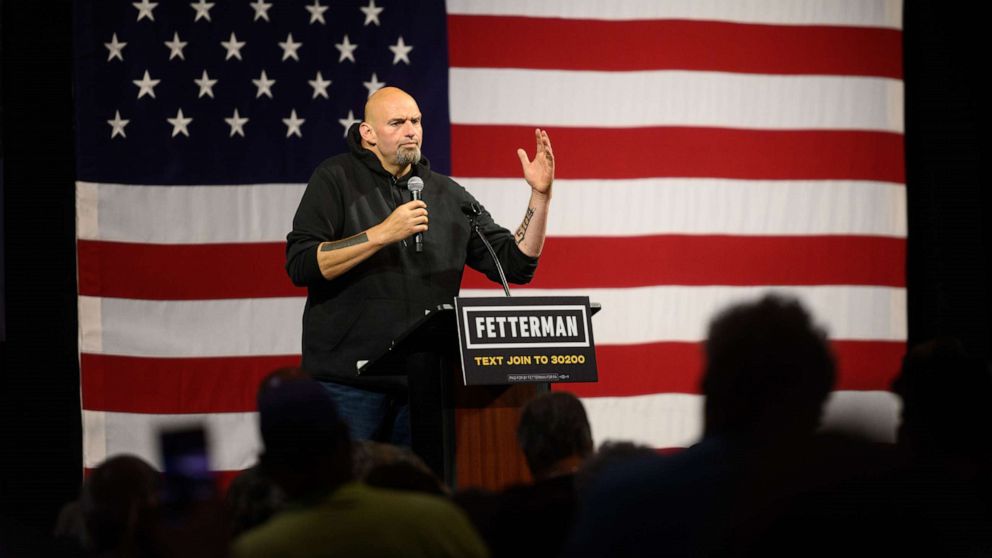 PHOTO: John Fetterman, lieutenant governor of Pennsylvania and Democratic senate candidate, speaks during a campaign rally in Erie, Penn., Aug. 12, 2022.