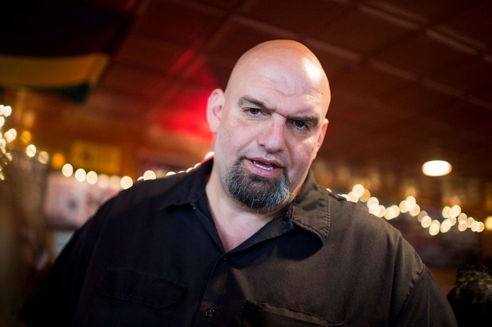 PHOTO: Senate candidate and Braddock, Pa. Mayor John Fetterman speaks with supporters during his meet and greet campaign stop at the Interstate Drafthouse in Philadelphia, April 3, 2016. 