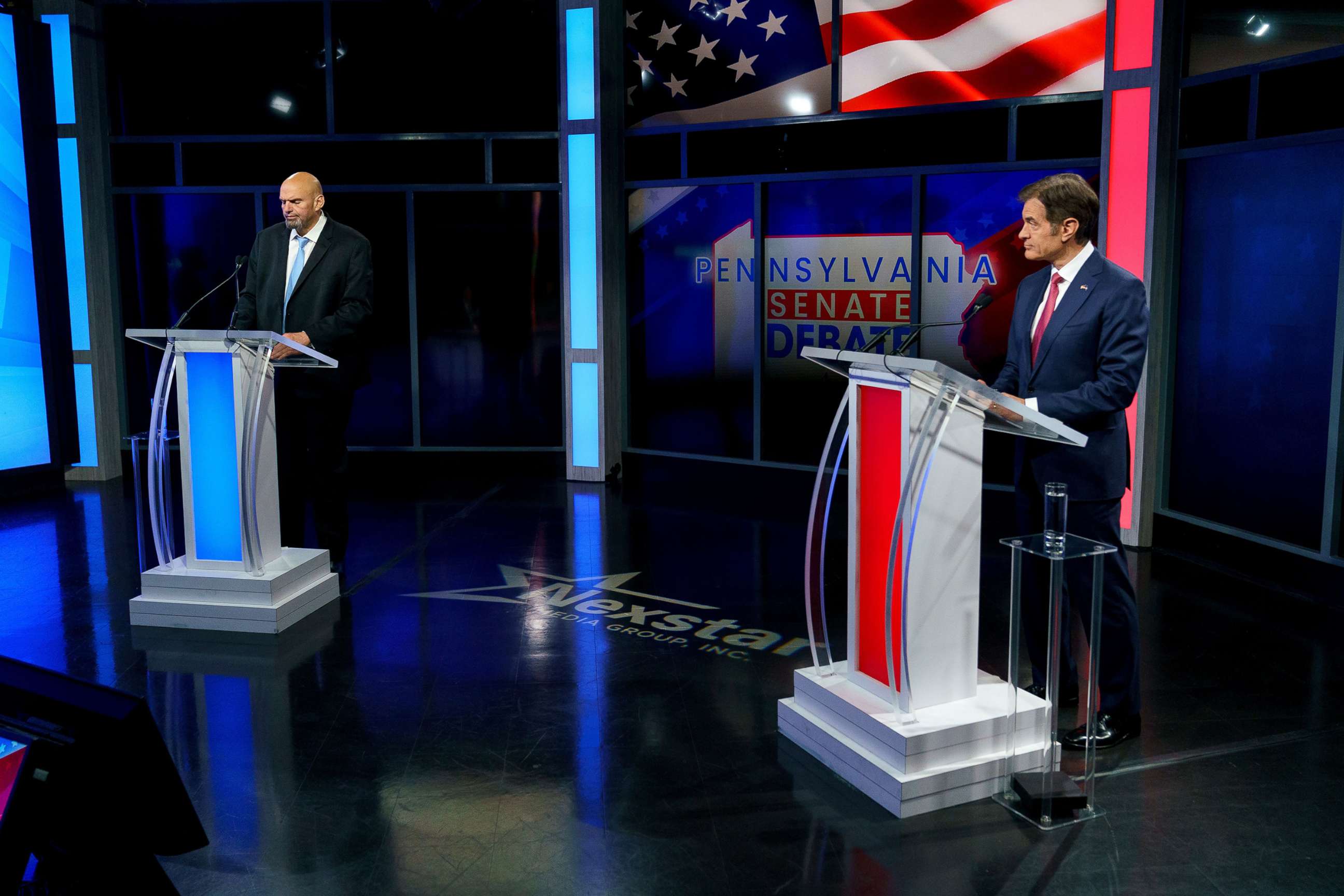 PHOTO: A handout photo made available by abc27 shows Democratic candidate Lt. Gov. John Fetterman (L) and Republican Pennsylvania Senate candidate Dr. Mehmet Oz (R) prior to the Nexstar Pennsylvania Senate Debate in Harrisburg, Penn., Oct. 25, 2022.