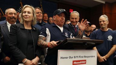 PHOTO: 911 First Responder John Feal speaks after the Senate voted to renew permanent authorization of September 11th Victim Compensation Fund, July 23, 2019 in Washington, DC. Also pictured Jon Stewart, Sen. Charles Schumer and Sen. Kirsten Gillibrand.