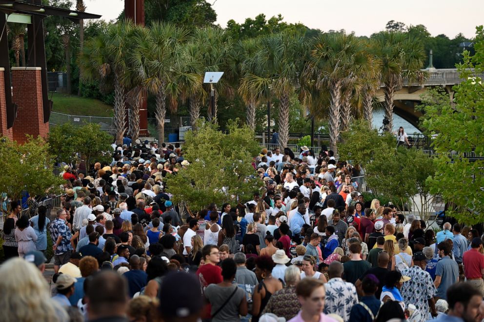 PHOTO: People gather for Majority Whip Jim Clyburn's "World Famous Fish Fry" Friday, June 21, 2019 in Columbia, S.C. 