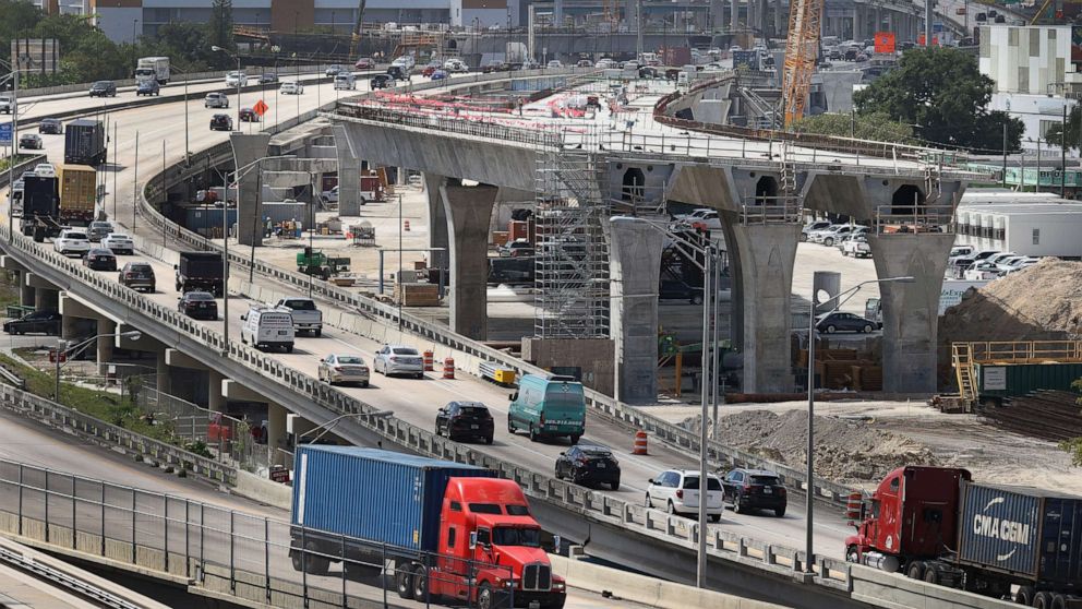 PHOTO: Construction workers build the Signature Bridge, replacing and improving a busy intersection at I-95 and I-395 on March 17, 2021 in Miami. The infrastructure project will ease traffic congestion and connect communities with downtown neighborhoods.