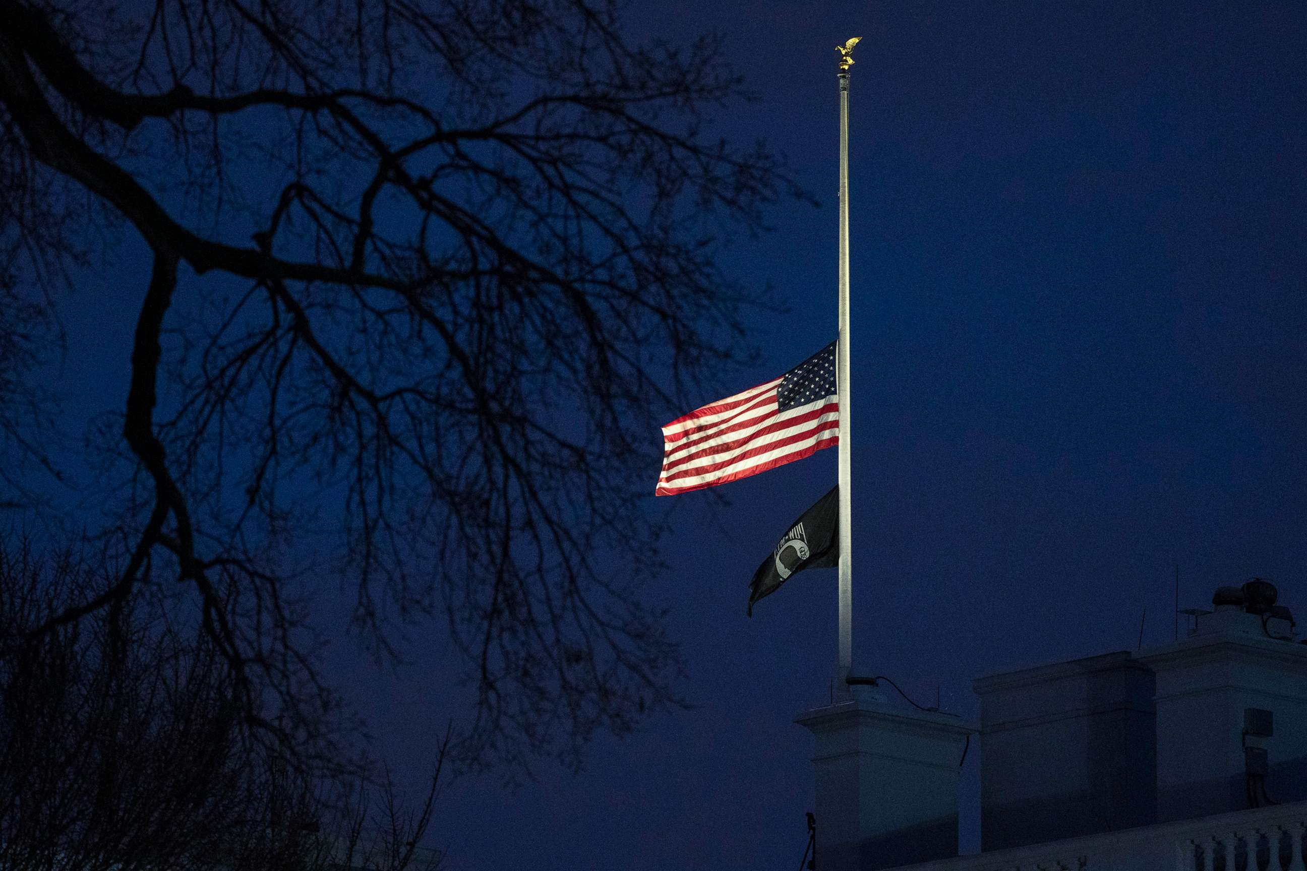PHOTO: The American flag flies at half-staff on Jan. 23, 2023, at the White House as a mark of respect for the victims of the Los Angeles-area ballroom dance club Lunar New Year massacre on Jan. 21, 2023, in Monterey Park, Calif.
