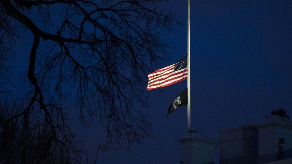 PHOTO: The American flag flies at half-staff on Jan. 23, 2023, at the White House as a mark of respect for the victims of the Los Angeles-area ballroom dance club Lunar New Year massacre on Jan. 21, 2023, in Monterey Park, Calif.