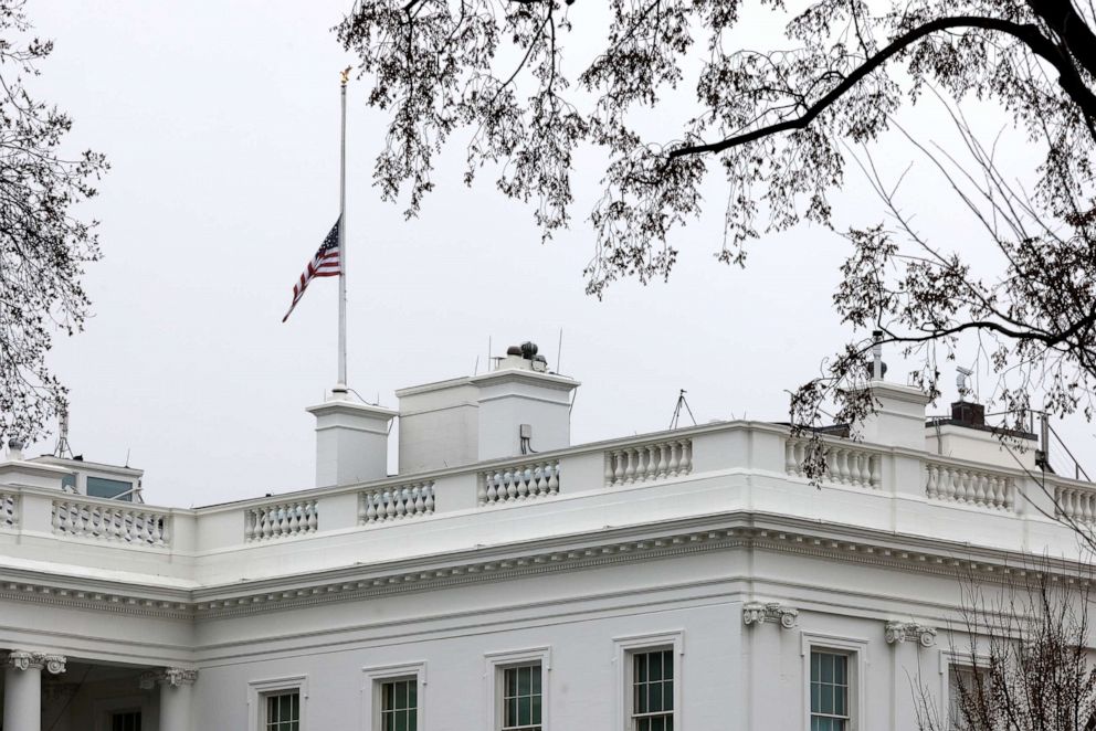 PHOTO: The American flag atop the White House is lowered to half-staff in honor of those killed in a string of attacks in Atlanta area spas, March 18, 2021.