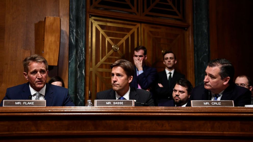 PHOTO: Senate Judiciary Committee member Republican Jeff Flake, left, speaks during a hearing on Capitol Hill in Washington on Sept. 28, 2018, on the nomination of Brett Kavanaugh to the Supreme Court. 