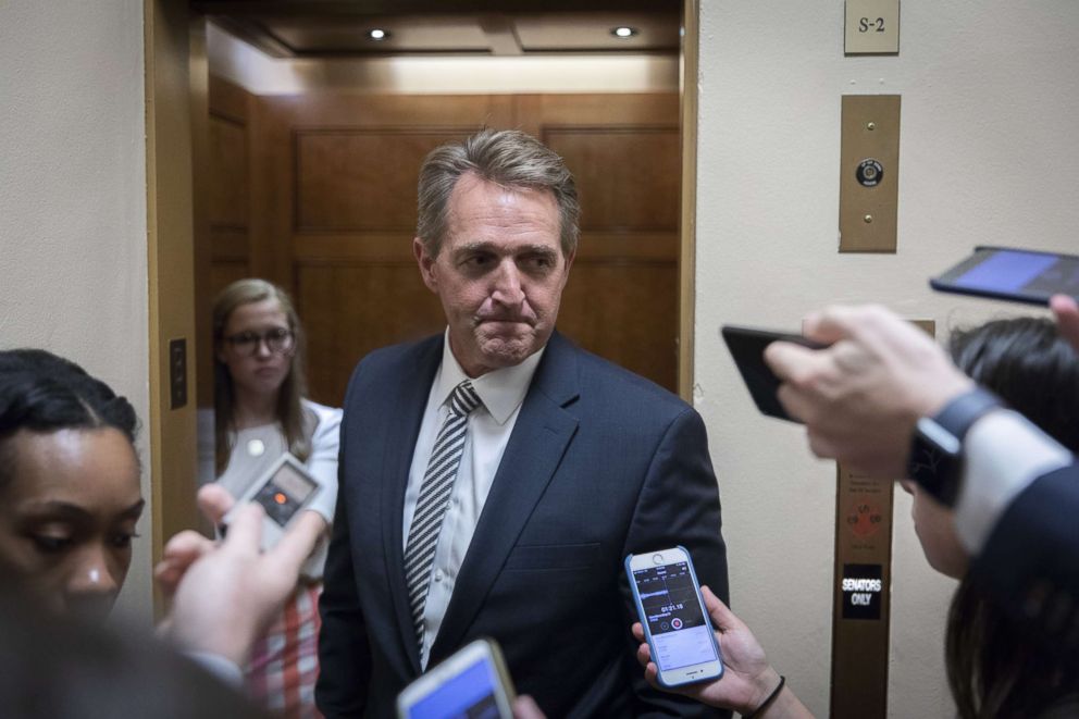 PHOTO: Sen. Jeff Flake speaks with reporters in the U.S. Capitol, July 10, 2018.