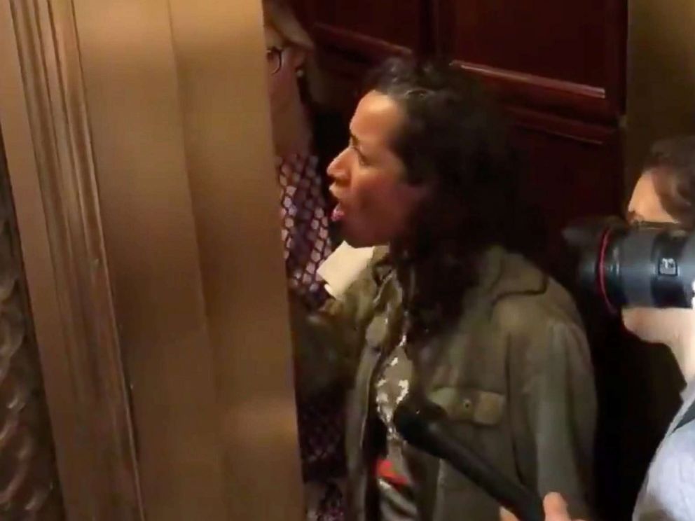 PHOTO: Ana Maria Archila confronts Senator Jeff Flake in an elevator in Washington ahead of a Senate Judiciary Committee meeting on the Supreme Court nomination of Brett Kavanaugh, Sept. 28, 2018, in this still image obtained from video.