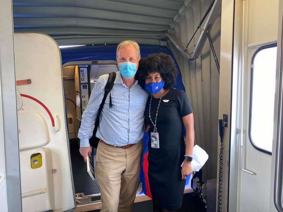 PHOTO: Southwest Airlines flight attendant JacqueRae Hill and American Airlines CEO Doug Parker posed after their flight landed in Panama City Beach, Florida, on Friday.
