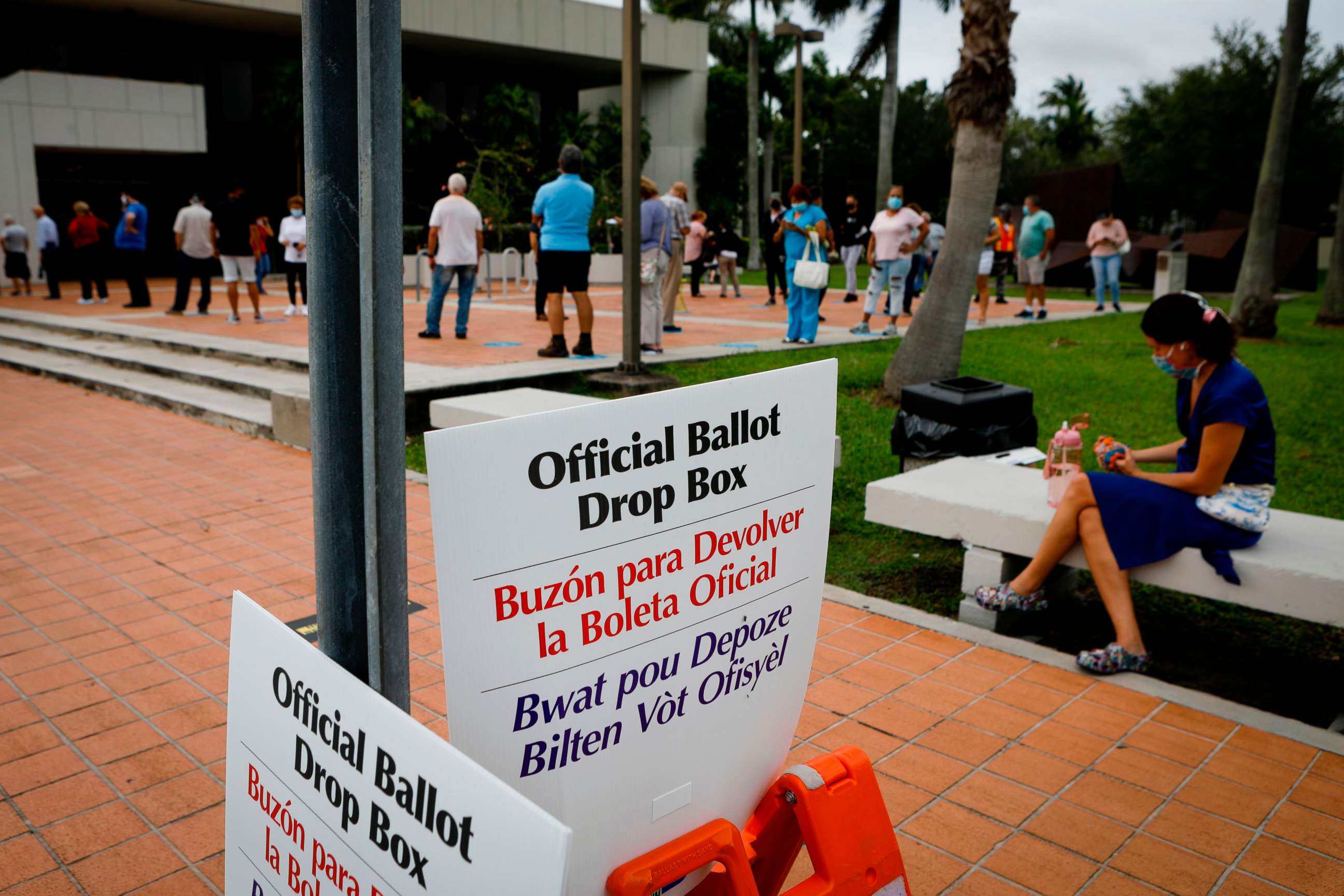 PHOTO: "Official ballot drop box" signs are seen at Westchester Regional Library in Miami, Florida on October 19, 2020. 