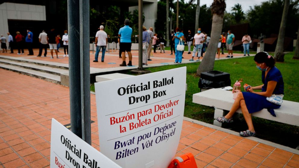 PHOTO: "Official ballot drop box" signs are seen at Westchester Regional Library in Miami, Florida on October 19, 2020. 