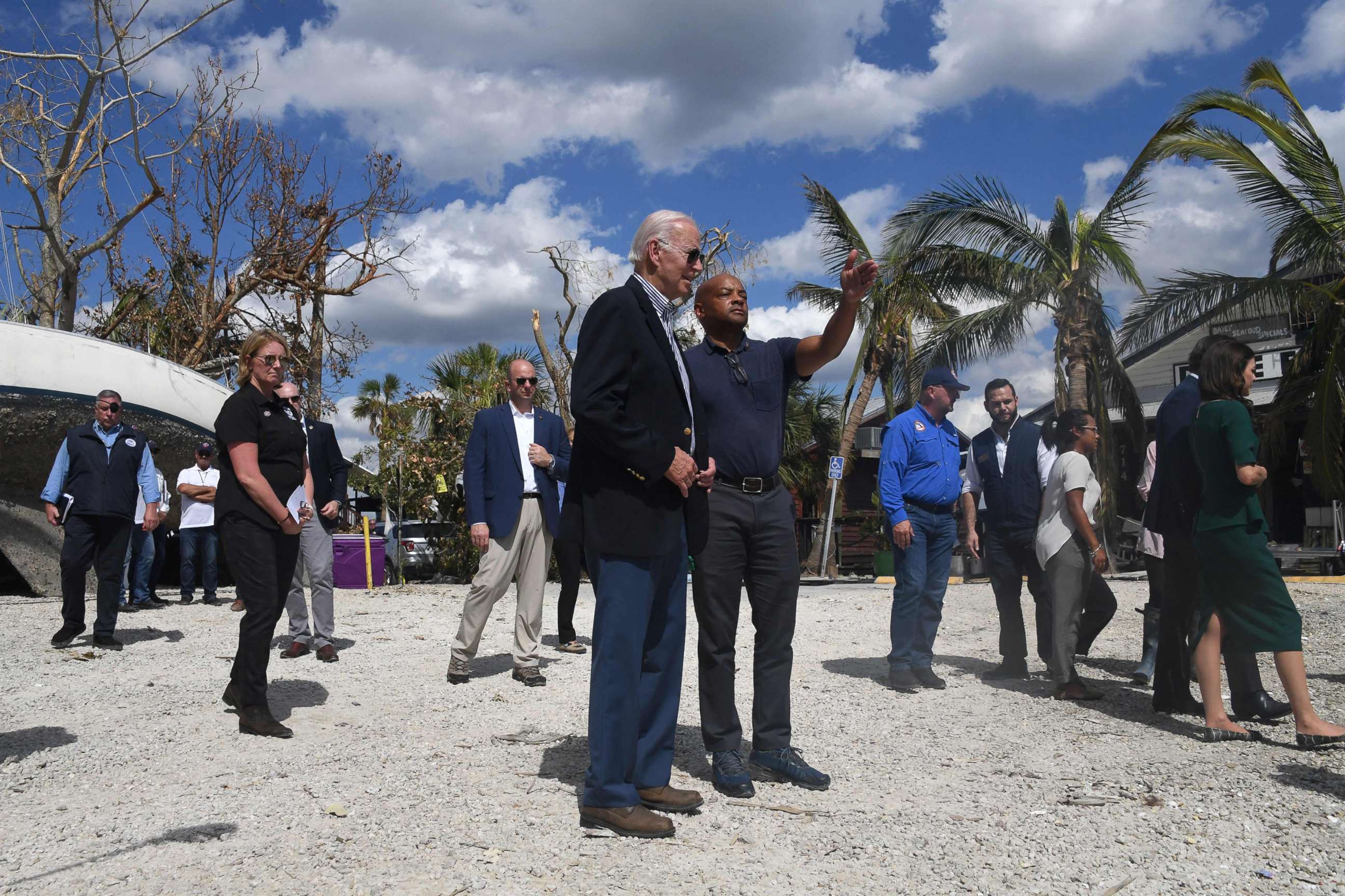 PHOTO: President Joe Biden meets with local residents impacted by Hurricane Ian at Fishermans Wharf in Fort Myers, Fla., Oct. 5, 2022.