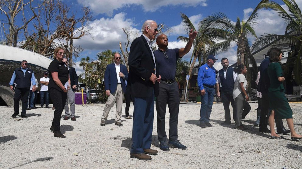 PHOTO: President Joe Biden meets with local residents impacted by Hurricane Ian at Fishermans Wharf in Fort Myers, Fla., Oct. 5, 2022.
