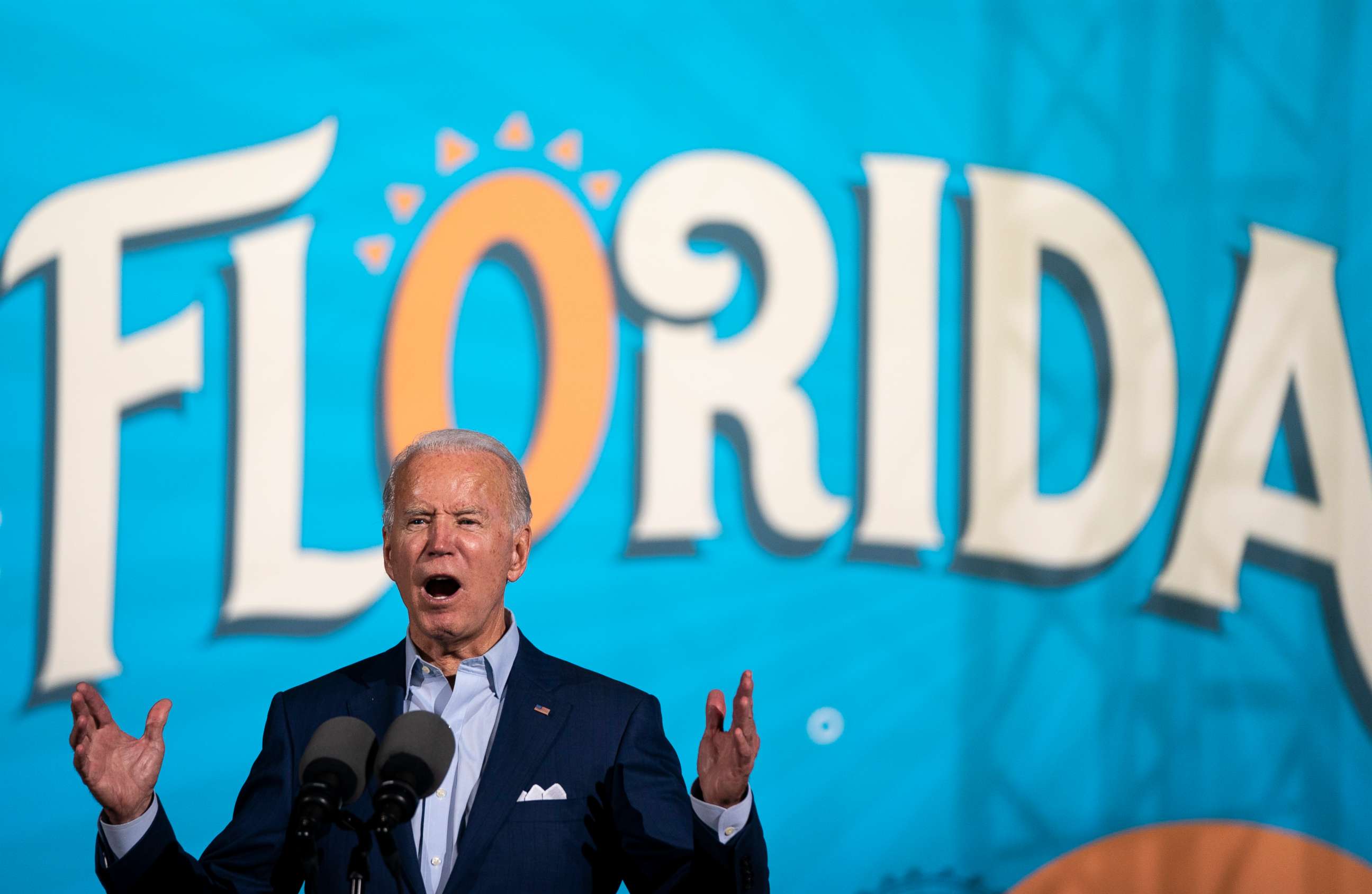 PHOTO: Democratic presidential nominee Joe Biden speaks during a drive-in campaign rally at the Florida State Fairgrounds on Oct. 29, 2020, in Tampa, Fla.