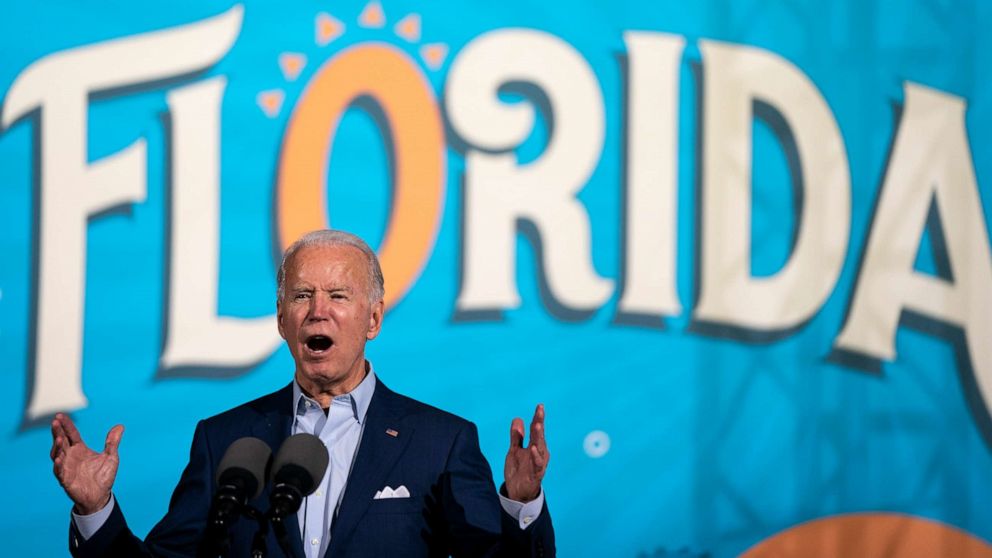 PHOTO: Democratic presidential nominee Joe Biden speaks during a drive-in campaign rally at the Florida State Fairgrounds on Oct. 29, 2020, in Tampa, Fla.