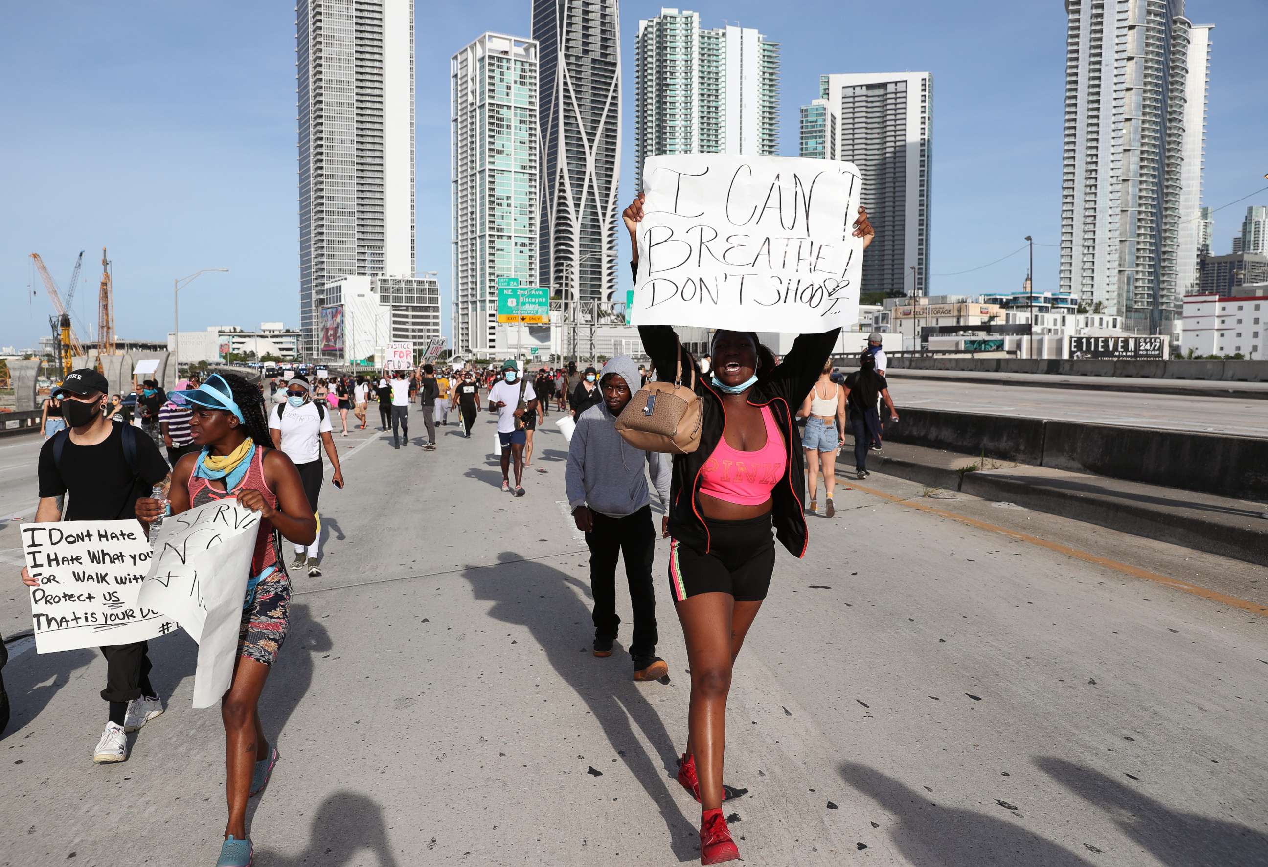 PHOTO: Demonstrators march on the closed freeway during a protest against police brutality and the recent death of George Floyd, on May 31, 2020, in Miami.