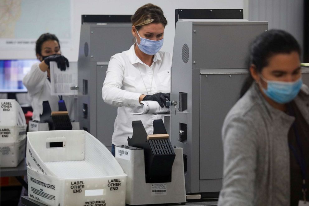 PHOTO: Workers of the Miami-Dade County Elections Department feed mail-in ballots in counting machines during the 2020 presidential election in Miami, Nov. 3, 2020.