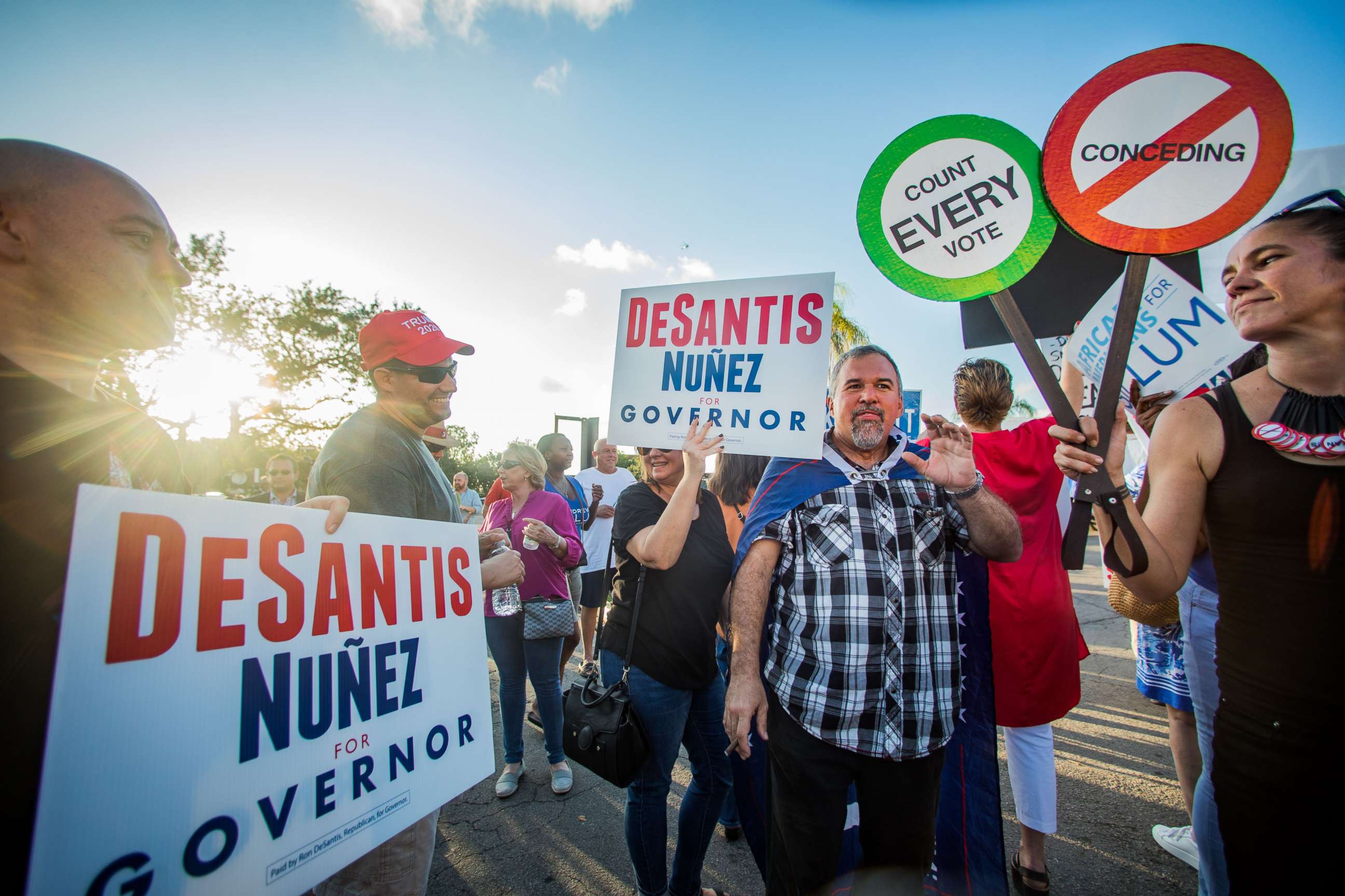PHOTO: Supporters of Ron DeSantis and Rick Scott protest the handling of election results while clashing with Andrew Gillum supporters outside of the Broward County Supervisor of Elections Office in Lauderdhill, Fla., Nov. 9, 2018.
