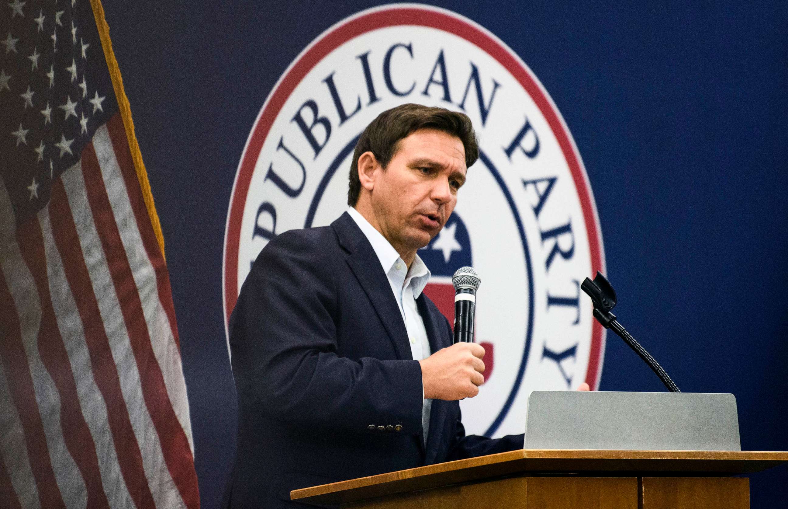 PHOTO: Florida Gov. Ron DeSantis speaks during an Iowa GOP reception, May 13, 2023 in Cedar Rapids, Iowa.