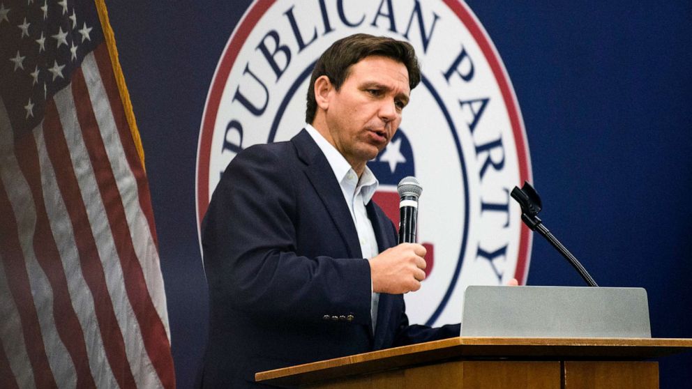 PHOTO: Florida Gov. Ron DeSantis speaks during an Iowa GOP reception, May 13, 2023 in Cedar Rapids, Iowa.