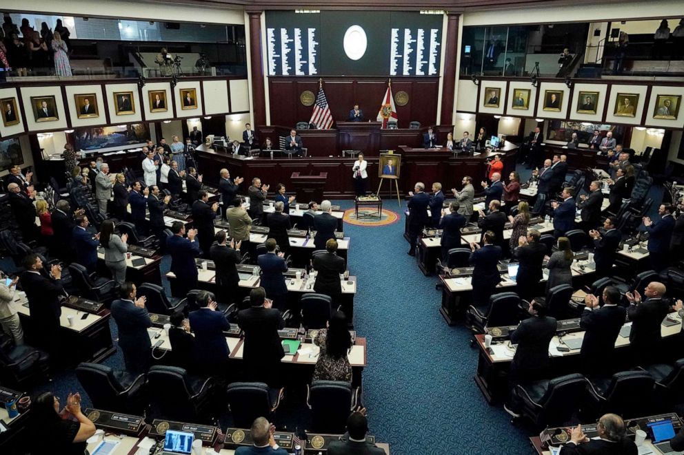 PHOTO: In this March 10, 2022 file photo members of the Florida House of Representatives give Speaker of the House Chris Sprowls a standing ovation during a legislative session at the Florida State Capitol in Tallahassee, Fla.