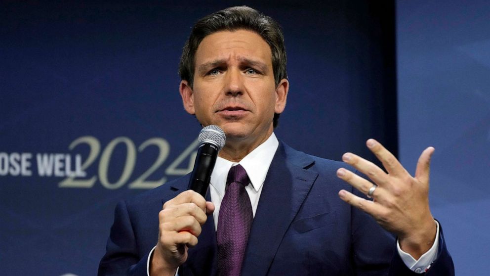 PHOTO: FILE - Republican presidential candidate Florida Gov. Ron DeSantis speaks during the Family Leadership Summit, July 14, 2023, in Des Moines, Iowa.