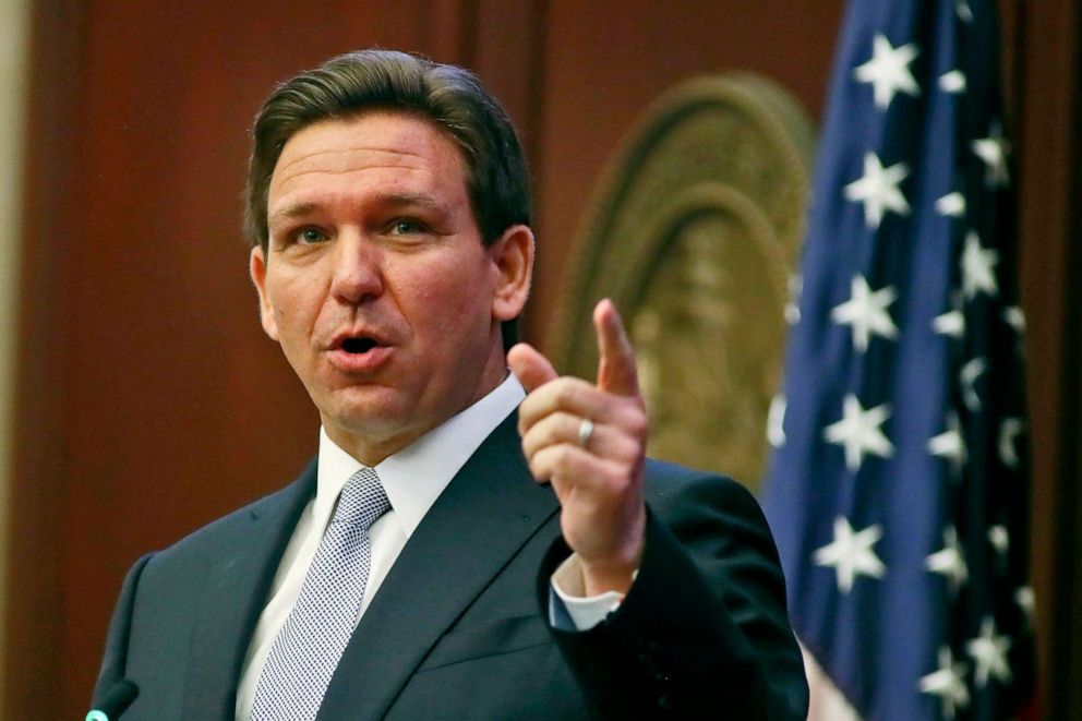 PHOTO: Florida Gov. Ron DeSantis gestures as he gives his State of the State address during a joint session of the Senate and House of Representatives, March 7, 2023, at the Capitol in Tallahassee, Fla.