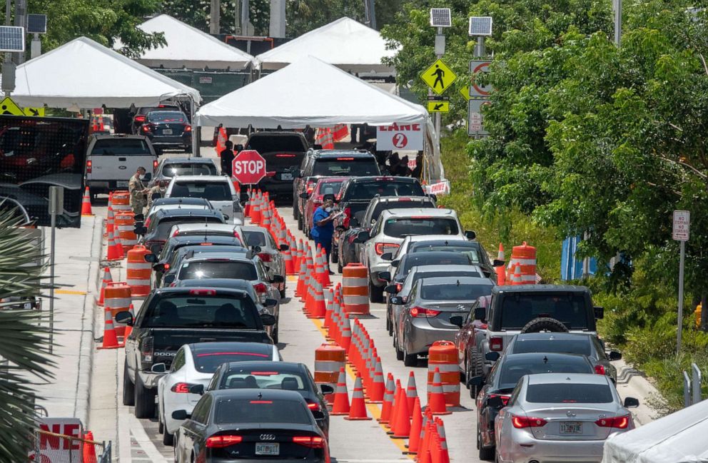 PHOTO:People queue in their cars to get COVID-19 tests administered by the Florida Army National Guard, the City of Miami Beach and the Florida Department of Health, at Miami Beach Convention Center in Miami Beach, July 1, 2020.