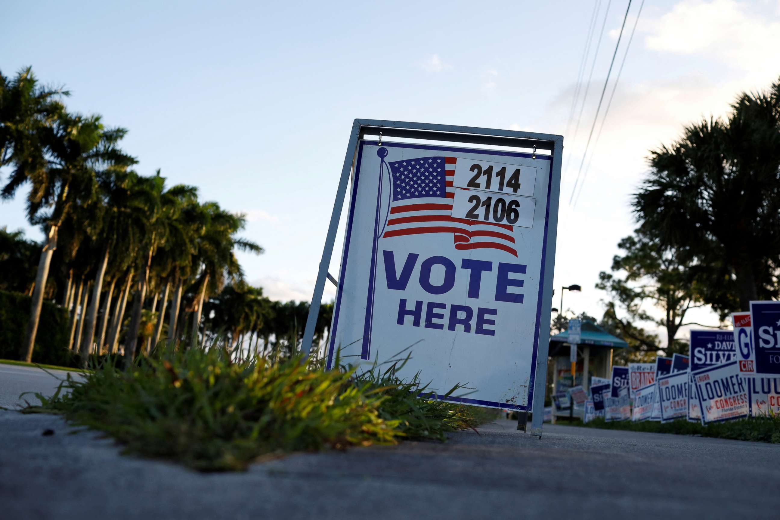PHOTO: Vote signs outside Palm Beach County Public Library polling station during the 2020 presidential election in Palm Beach, Florida, November 3, 2020.