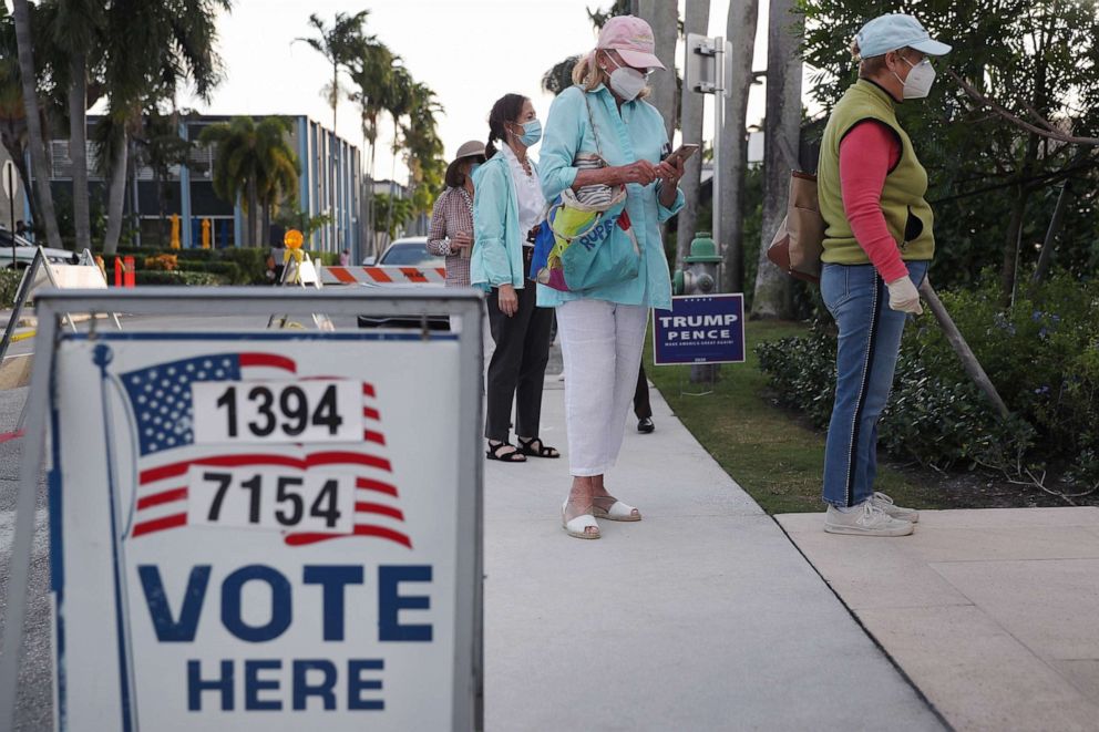 PHOTO: People stand in line to vote, Nov. 3, 2020, in Palm Beach, Fla.