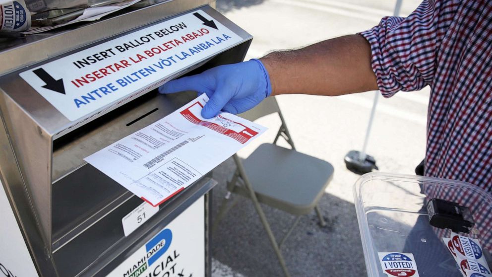 PHOTO: A poll worker casts a mail-in ballot for a voter at a drive-thru polling station during the primary election amid the COVID-19 outbreak in Miami, Aug. 18, 2020.