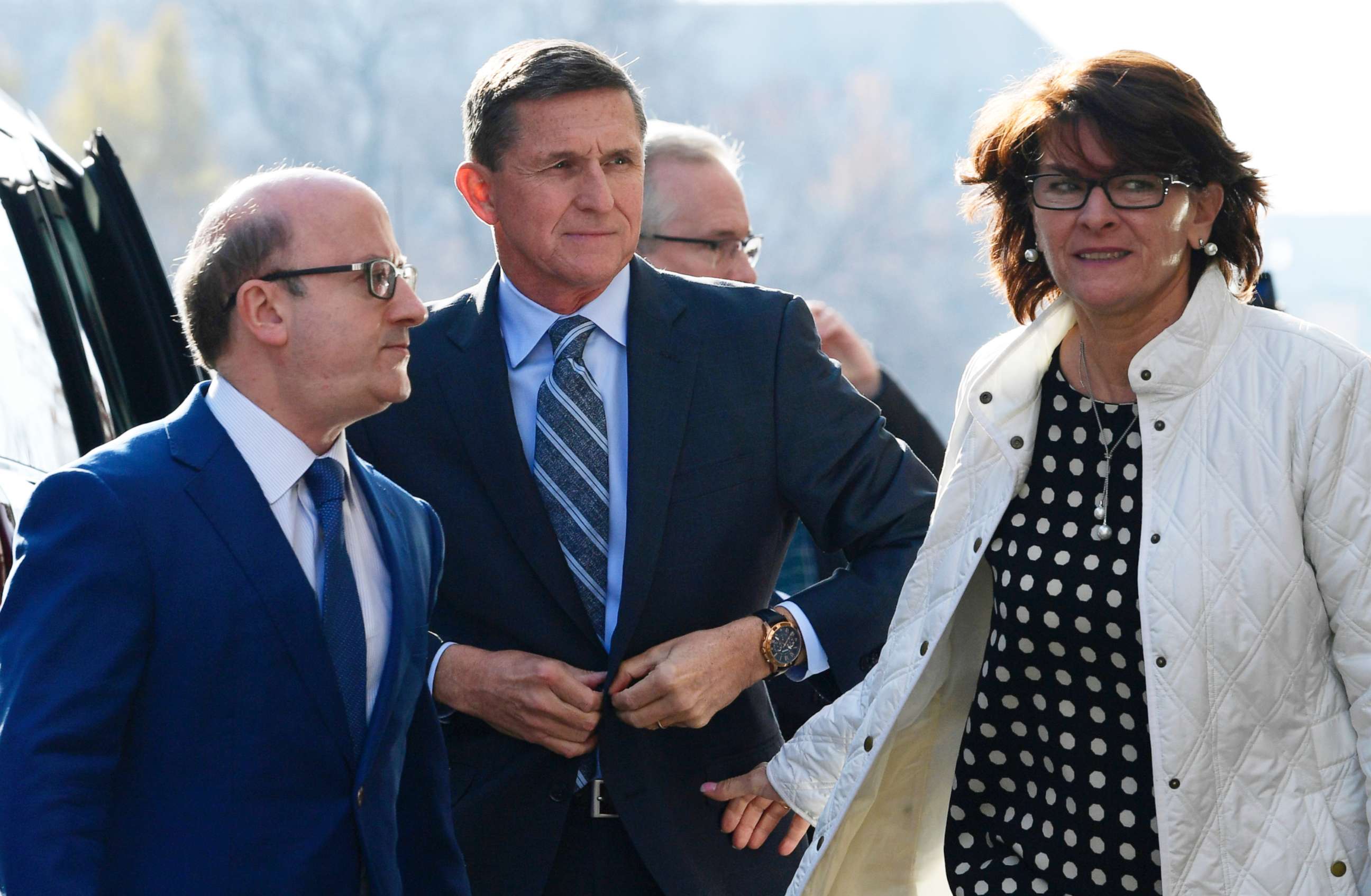 PHOTO:Former Trump national security adviser Michael Flynn, center, arrives at federal court in Washington, Friday, Dec. 1, 2017. At left is his attorney,Robert Kelner. Flynn's wife, Lori Andrade, is at right.