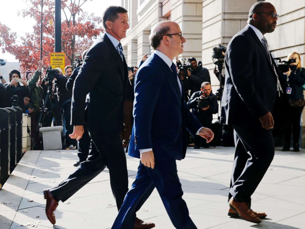 PHOTO:Former U.S. National Security Adviser Michael Flynn, left, with his attorney Robert Kelner, center, as he arrives for a plea hearing at U.S. District Court in Washington,D.C., Dec. 1, 2017.