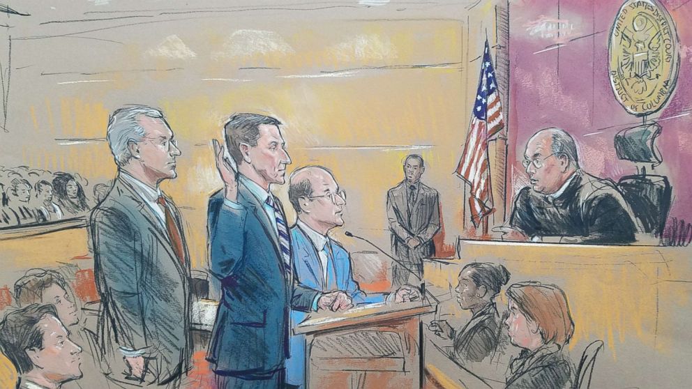 PHOTO: Courtroom sketch showing former National Security Adviser Michael Flynn standing between his two lawyers today as he appeared before Federal Judge Rudolph Contreras during his appearance in court.   