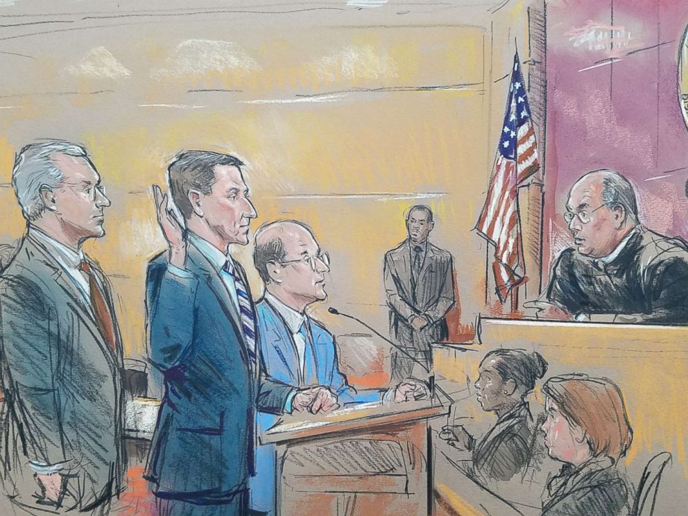 PHOTO: Courtroom sketch showing former National Security Adviser Michael Flynn standing between his two lawyers today as he appeared before Federal Judge Rudolph Contreras during his appearance in court.