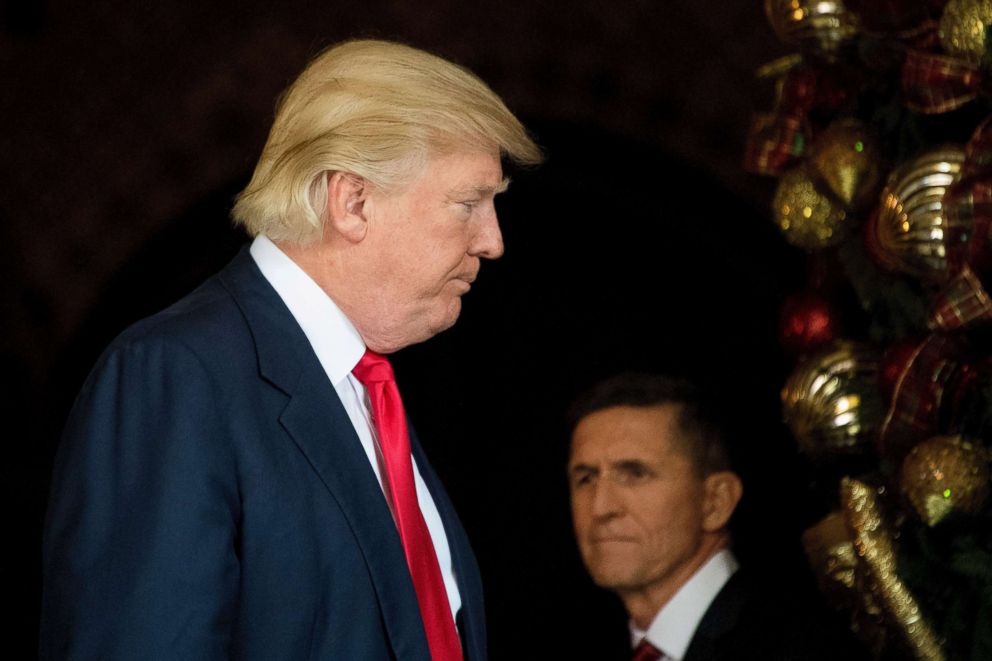 PHOTO: President-elect Donald Trump stands with Trump National Security Adviser Lt. General Michael Flynn at Mar-a-Lago in Palm Beach, Fla., Dec. 21, 2016. 