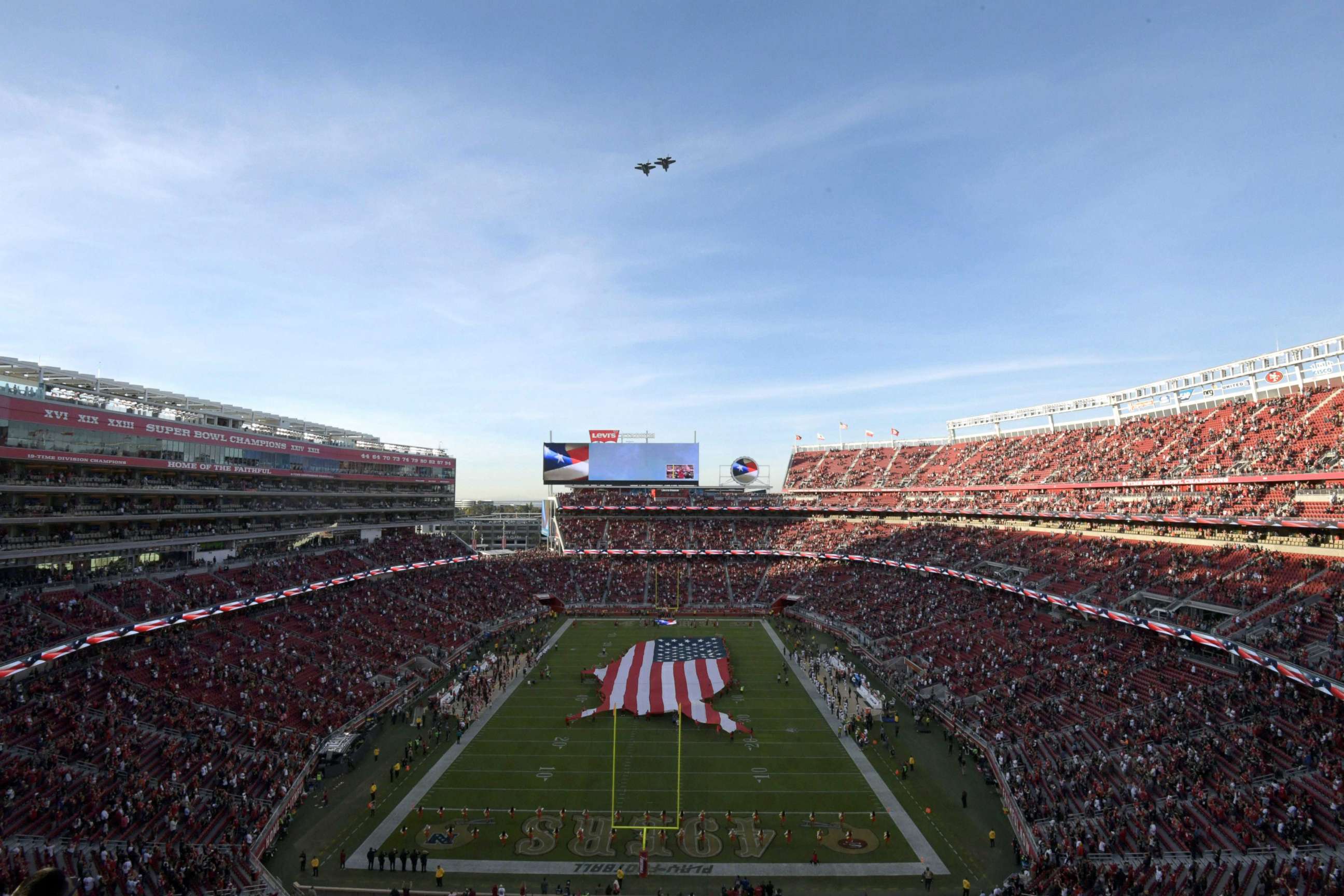 PHOTO: A general view of Levi's Stadium during the playing of the national anthem before the game between the Oakland Raiders and the San Francisco 49ers, Nov 1, 2018, in Santa Clara, Calif