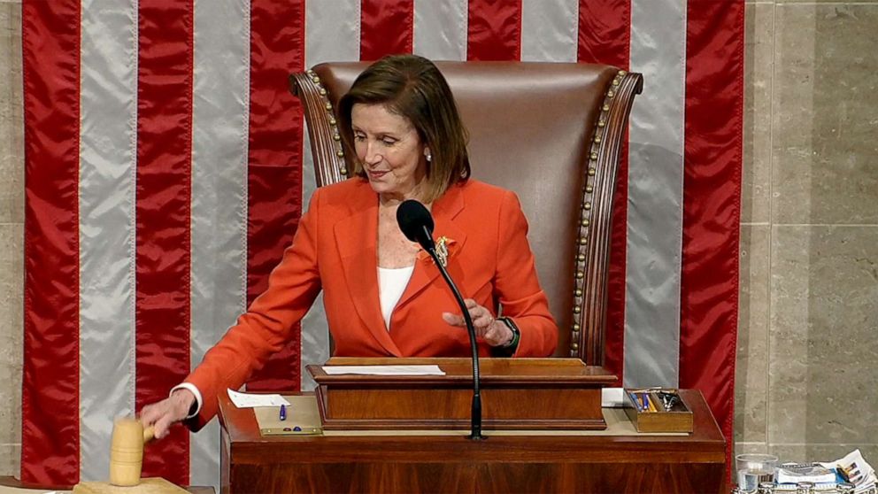 PHOTO: House Speaker Nancy Pelosi acknowledges the passage of HR 7910, Protecting Our Kids Act, on the floor of the House of Representatives in Washington, June 8, 2021.