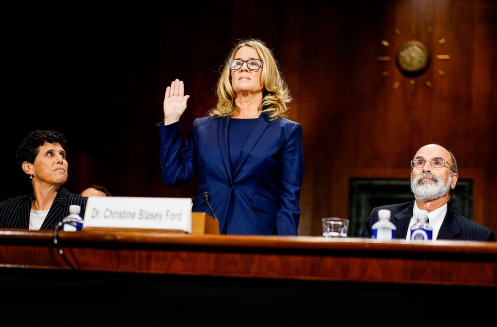 PHOTO: Christine Blasey Ford swears in at a Senate Judiciary Committee hearing on Thursday, September 27, 2018 on Capitol Hill.