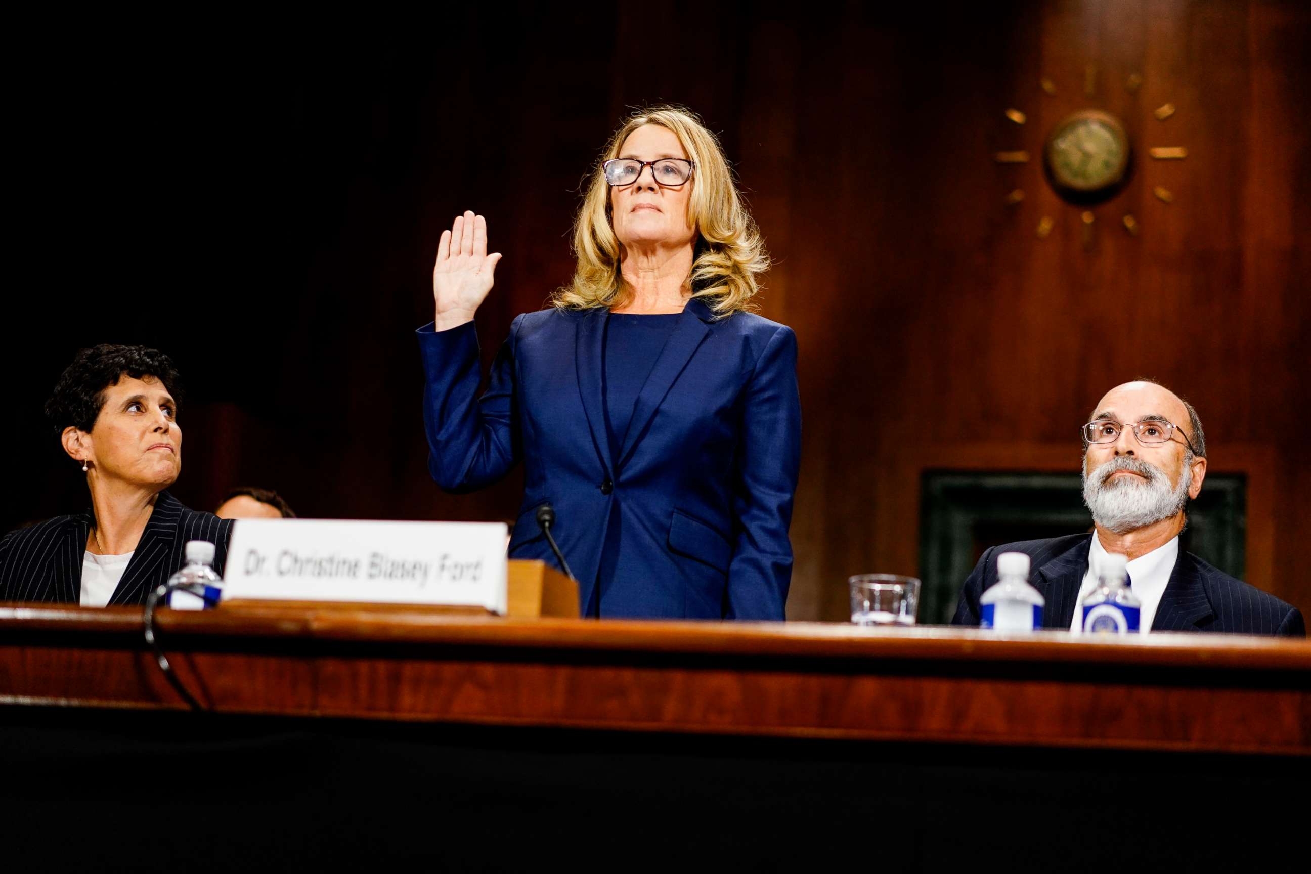 PHOTO: Christine Blasey Ford swears in at a Senate Judiciary Committee hearing on Capitol Hill in Washington, Sept. 27, 2018.