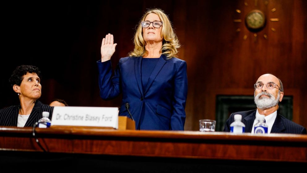 PHOTO: Christine Blasey Ford swears in at a Senate Judiciary Committee hearing on Capitol Hill in Washington, Sept. 27, 2018.