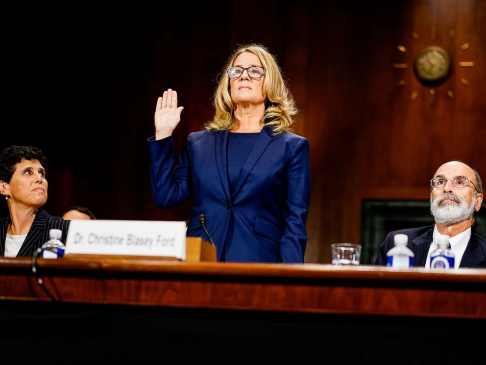 PHOTO: Christine Blasey Ford swears in at a Senate Judiciary Committee hearing on Capitol Hill in Washington, Sept. 27, 2018.
