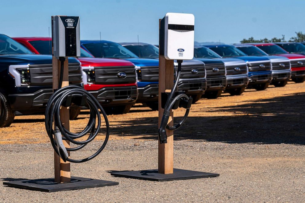 PHOTO: Ford electric vehicle chargers during a media event at Vino Farms in Healdsburg, Calif., May 20, 2022. 