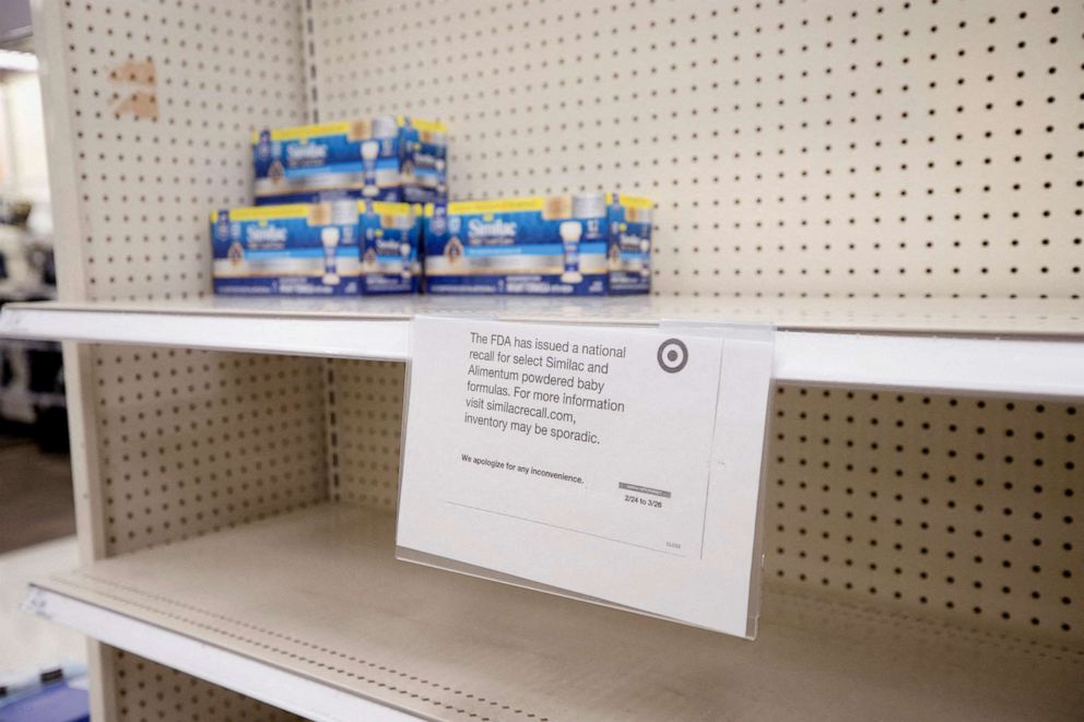 PHOTO: Empty shelves and a sign explaining the shortage of baby formula, May 10, 2022, at a Target store in San Antonio, Texas.