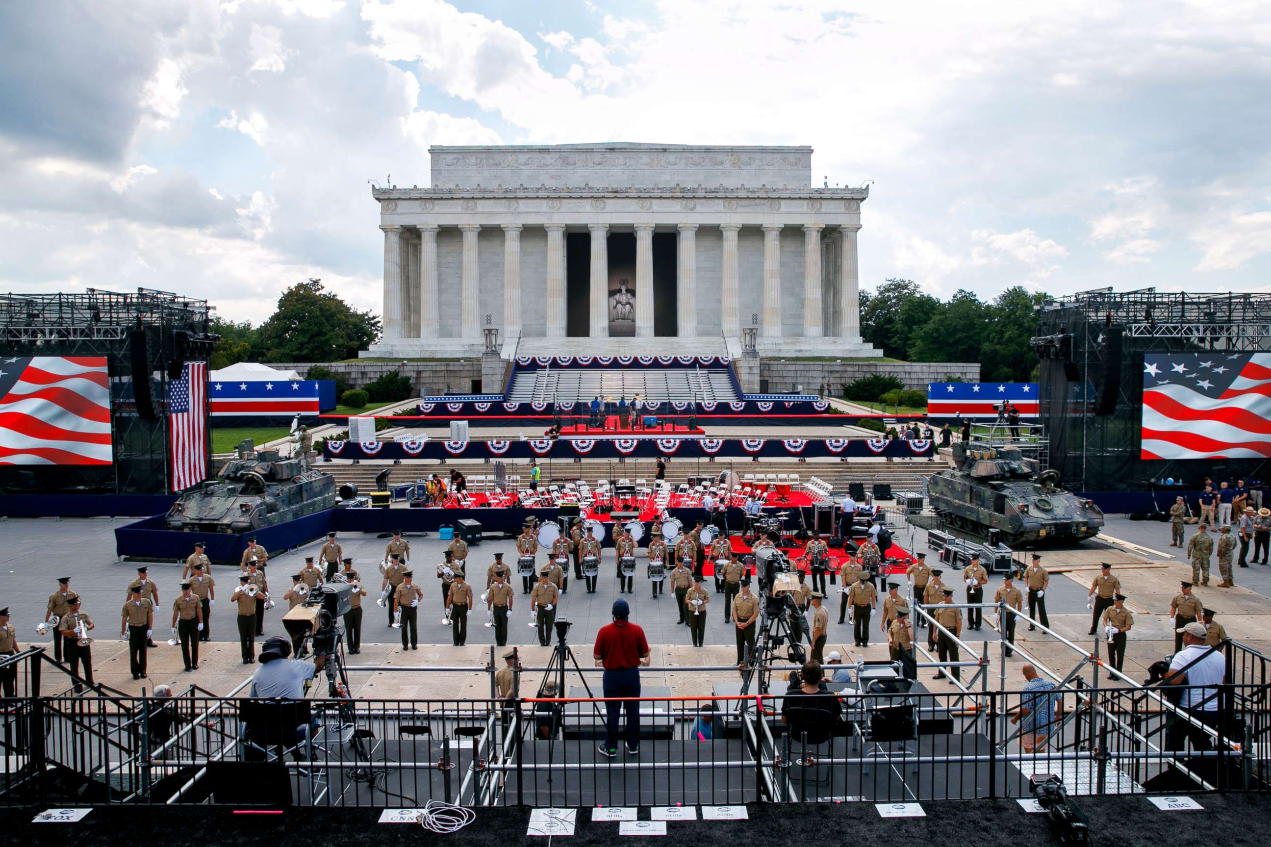PHOTO: Two Bradley Fighting Vehicles flank the stage being prepared in front of the Lincoln Memorial, July 3, 2019, in Washington D.C., ahead of planned Fourth of July festivities with President Donald Trump. 